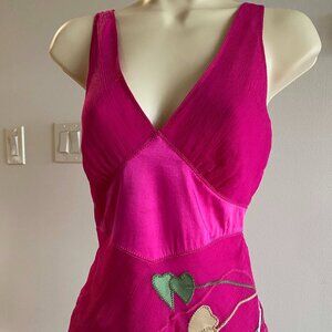 Catherine Malandrino Magenta Silk Top • Size Small • Embroidered Leaf Detail • V